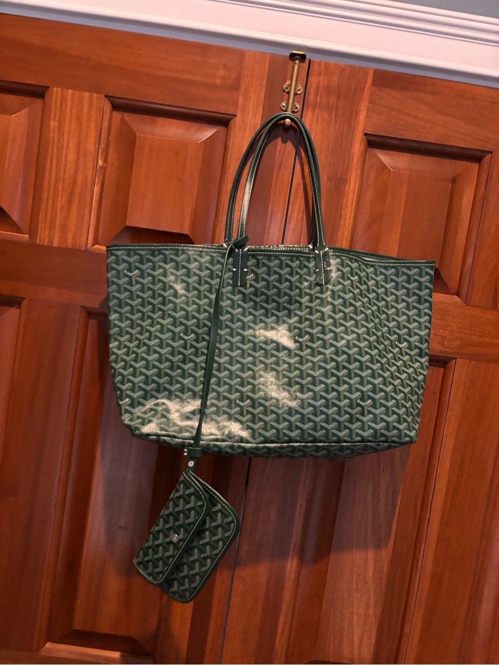 Green Patterned Tote Bag with Pouch - Designer Style
